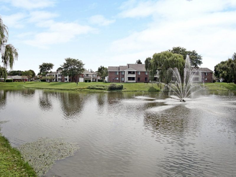 This image exhibits the natural scenery of the TGM McDowell Place Lake view featuring its crystal clear water and pond fountain.